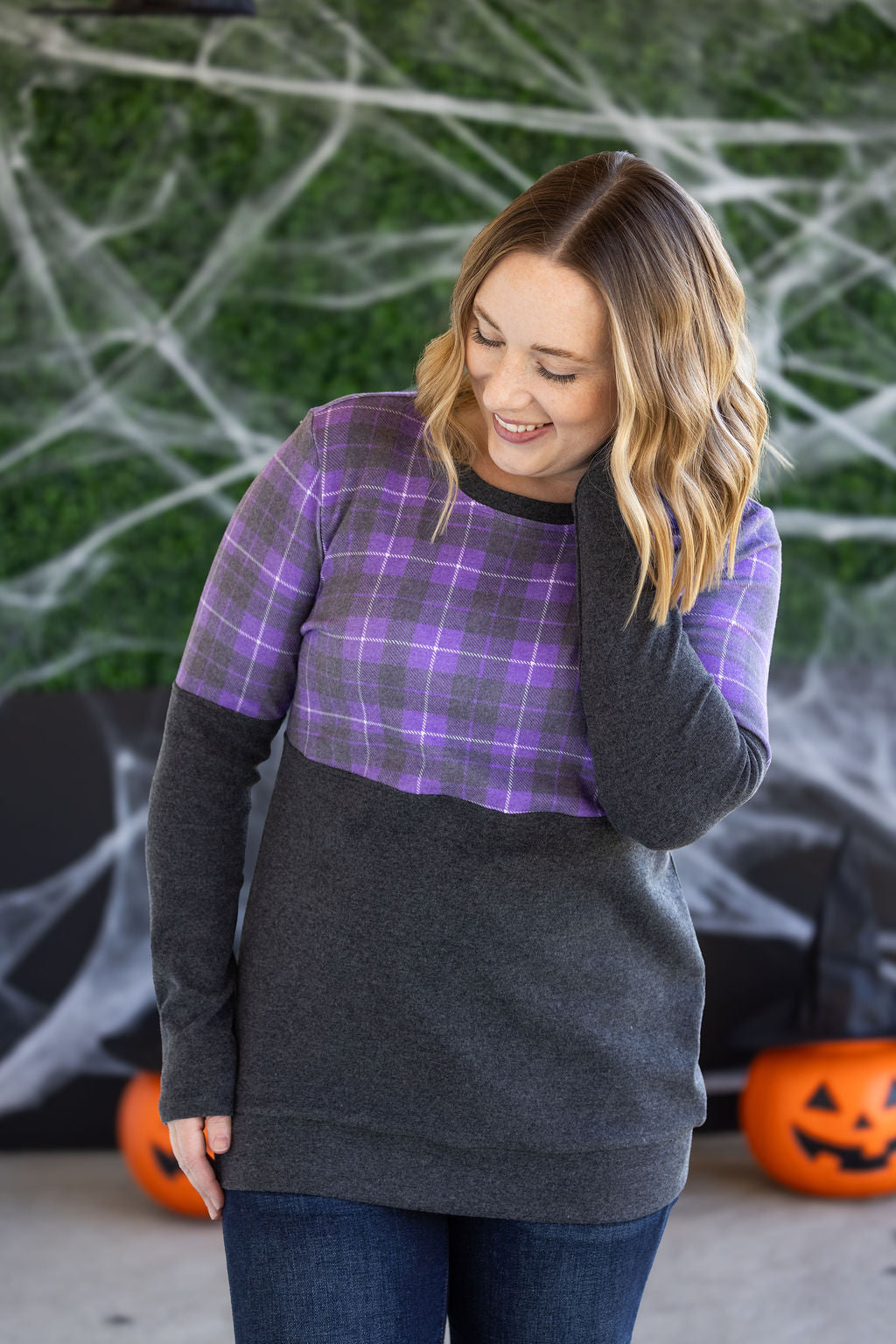 Natalie Pullover in Purple Plaid and Charcoal
