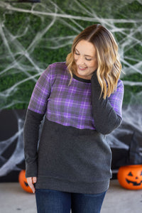 Natalie Pullover in Purple Plaid and Charcoal