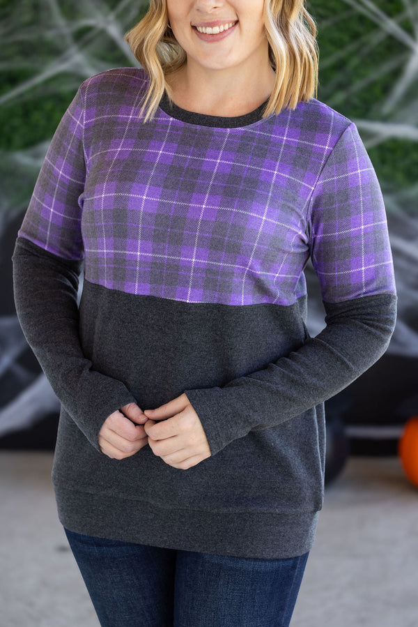 Natalie Pullover in Purple Plaid and Charcoal