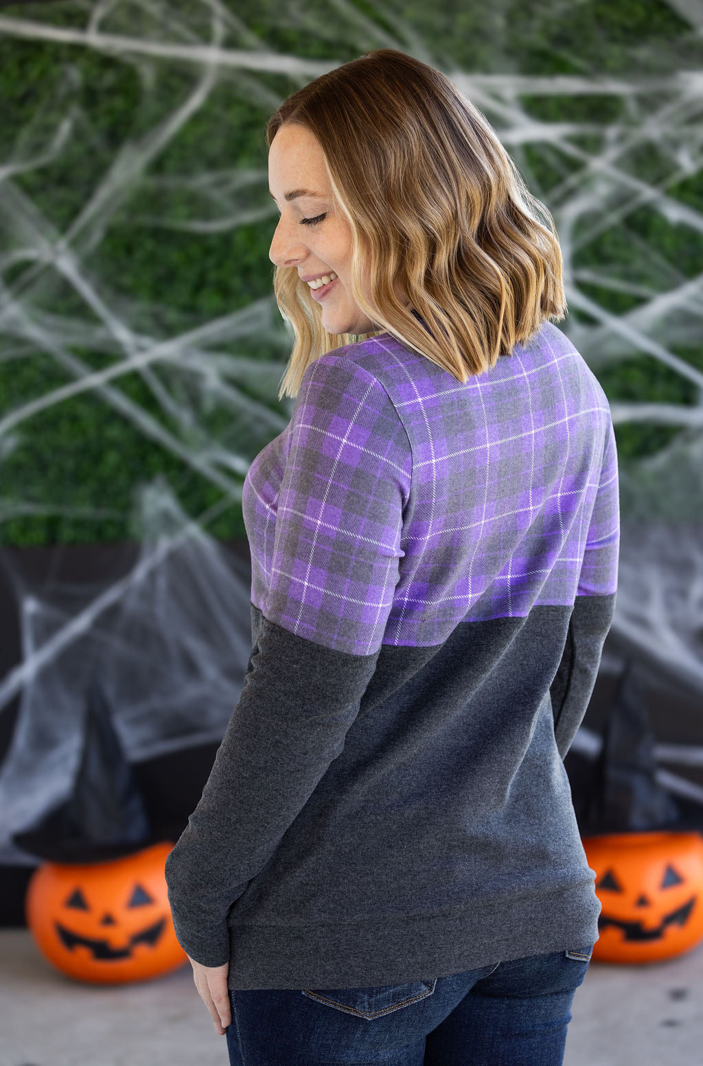 Natalie Pullover in Purple Plaid and Charcoal