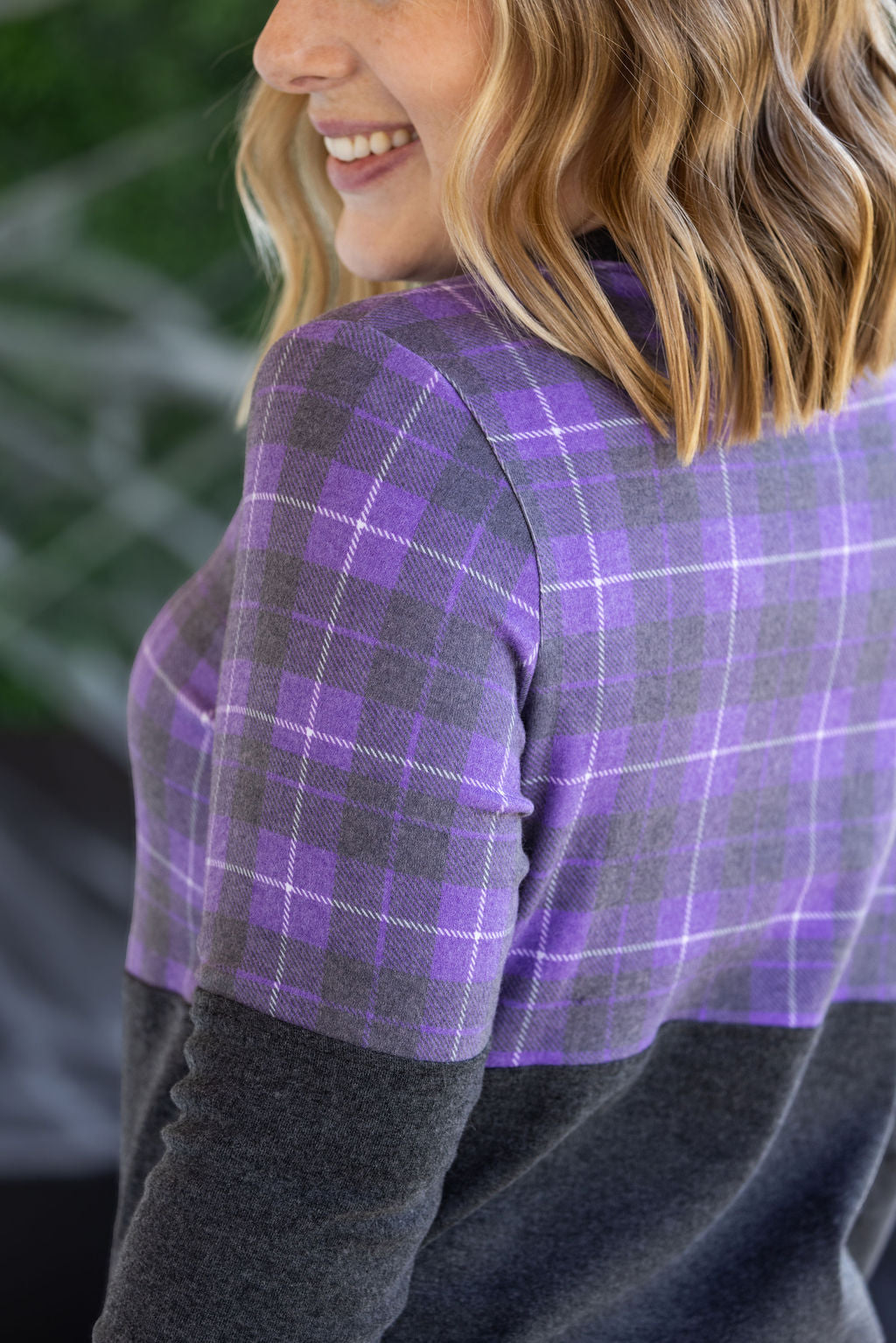 Natalie Pullover in Purple Plaid and Charcoal