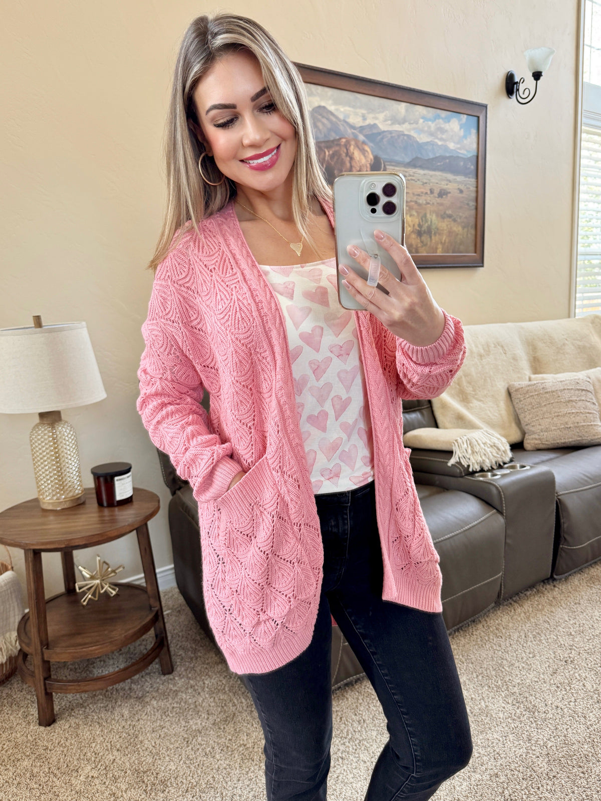 Open Knit Cardigan in Rose