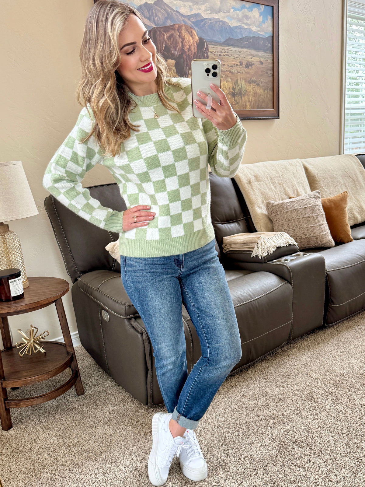 Checkered Sweater in Sage and White