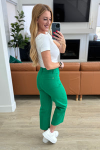 Judy Blue High Rise Control Top Wide Leg Crop Jeans in Kelly Green