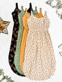 Reagan Ribbed Midi Dress in Sand and Rust Floral