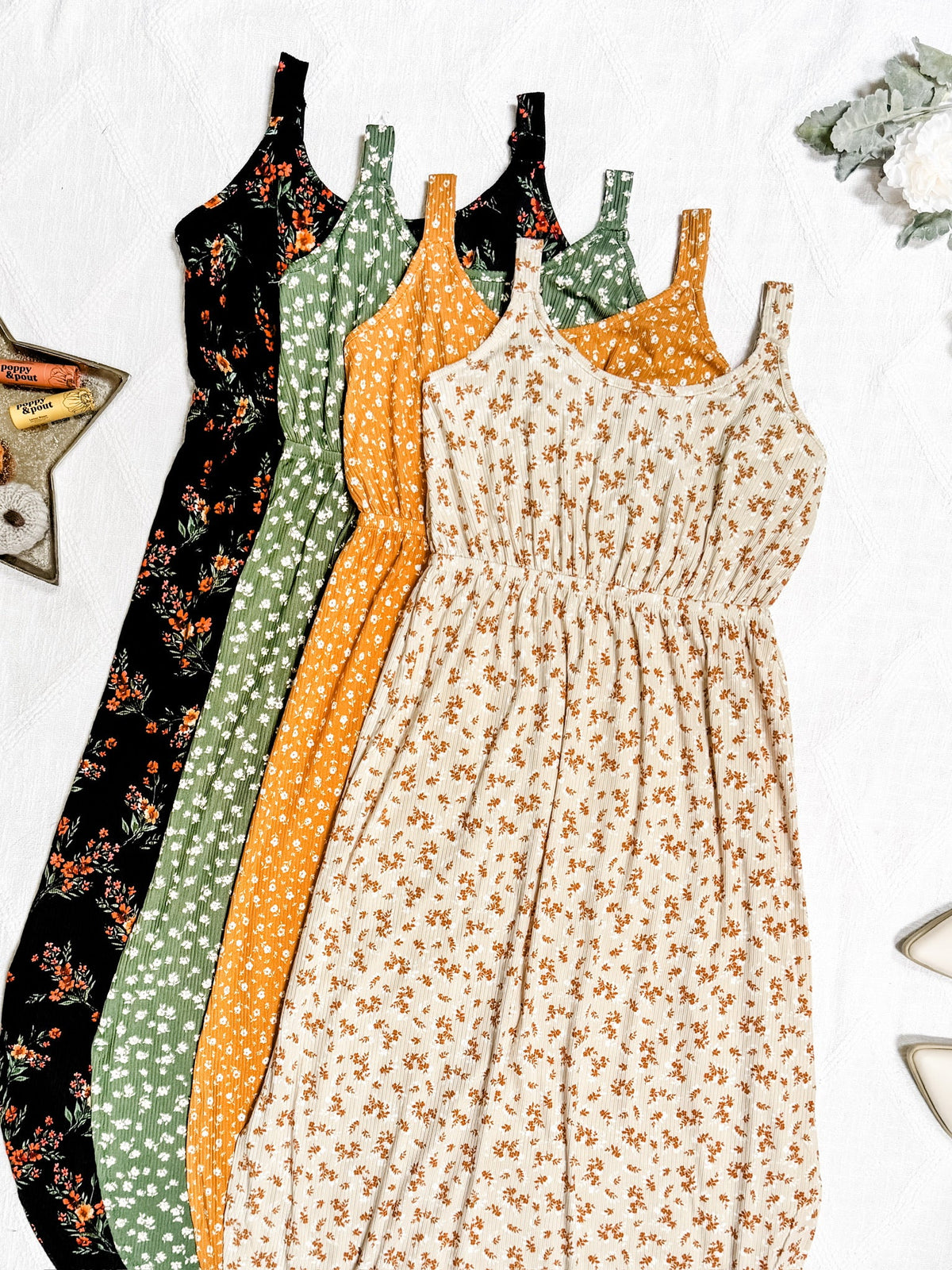 Reagan Ribbed Midi Dress in Sand and Rust Floral