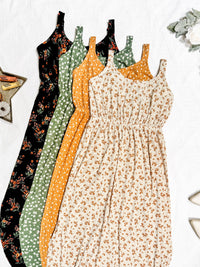 Reagan Ribbed Midi Dress in Sand and Rust Floral