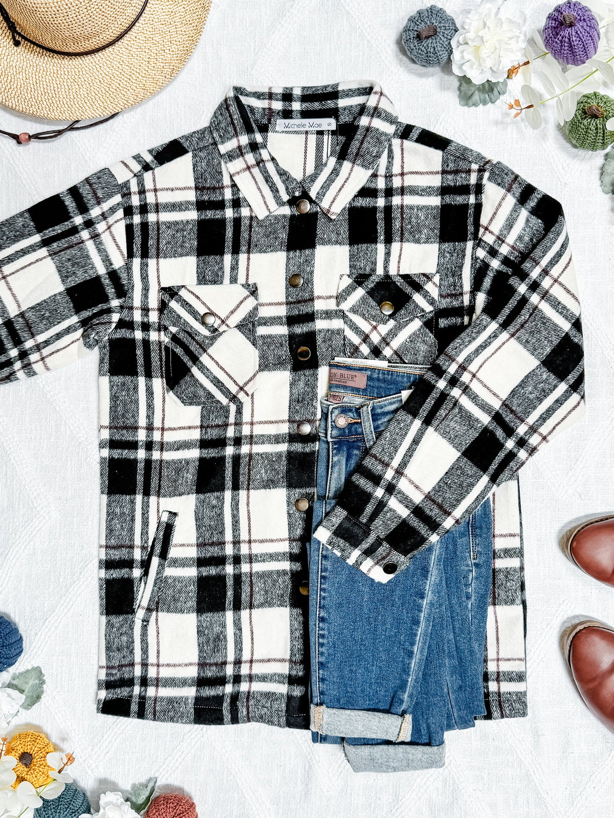 Norah Plaid Shacket in Ivory and Black