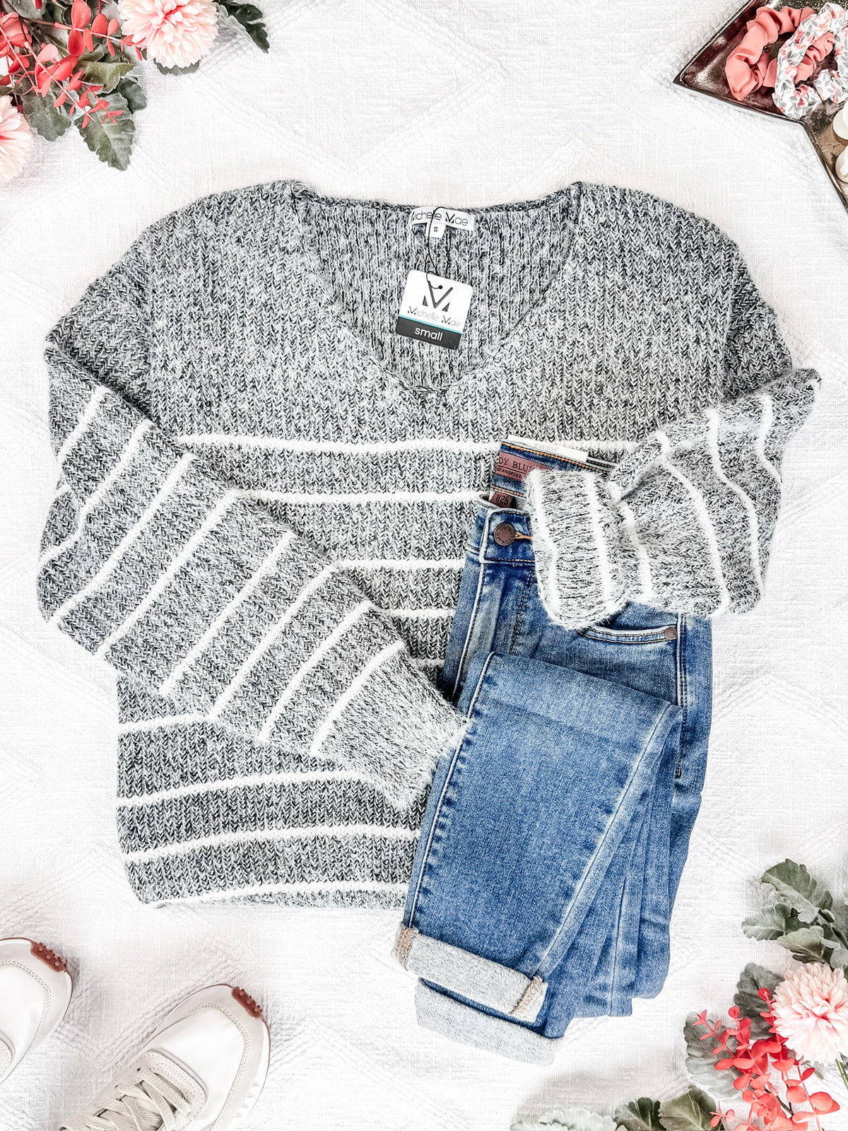 Cozy Striped Sweater in Heathered Black