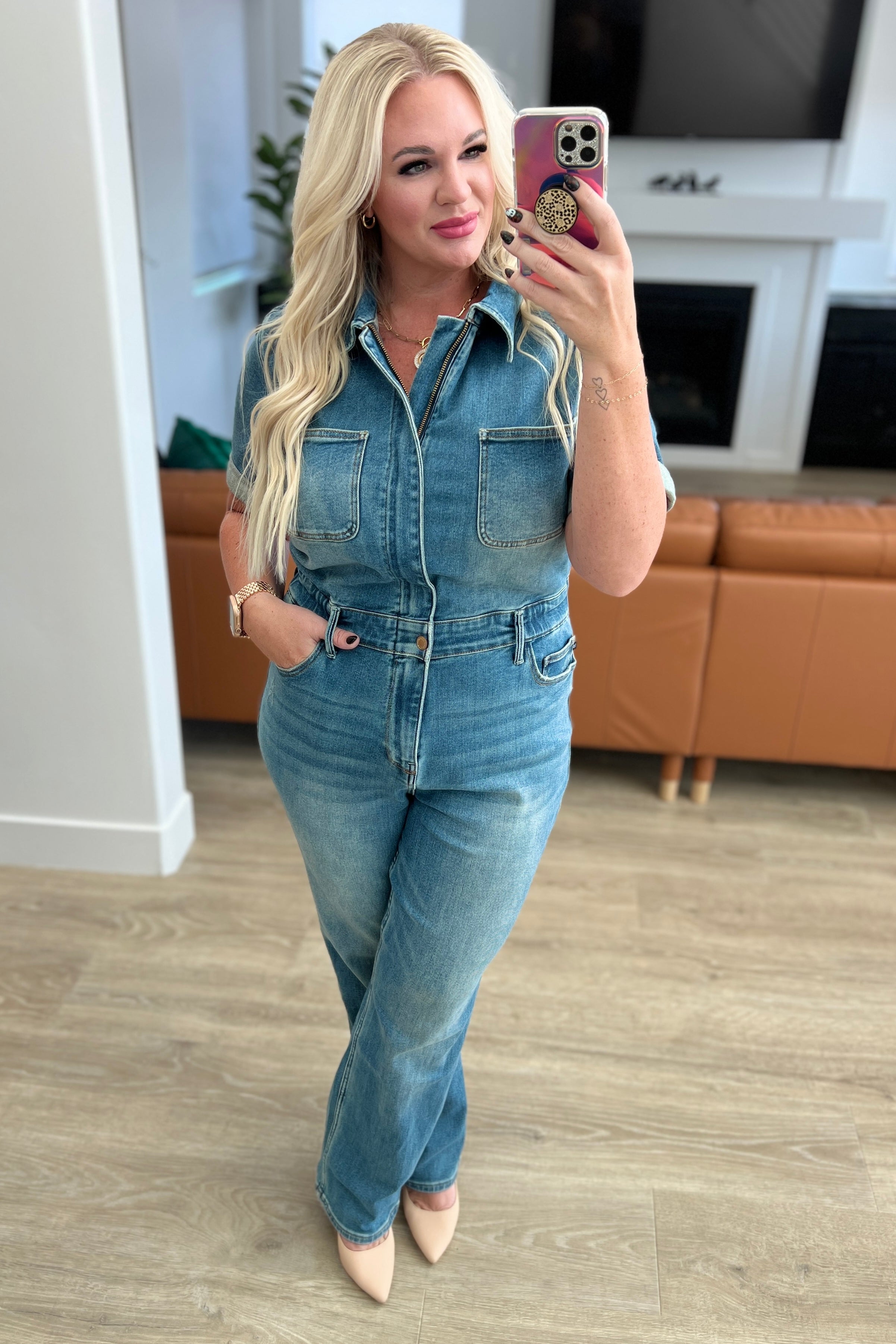 Short sleeve jean jumpsuit on sale