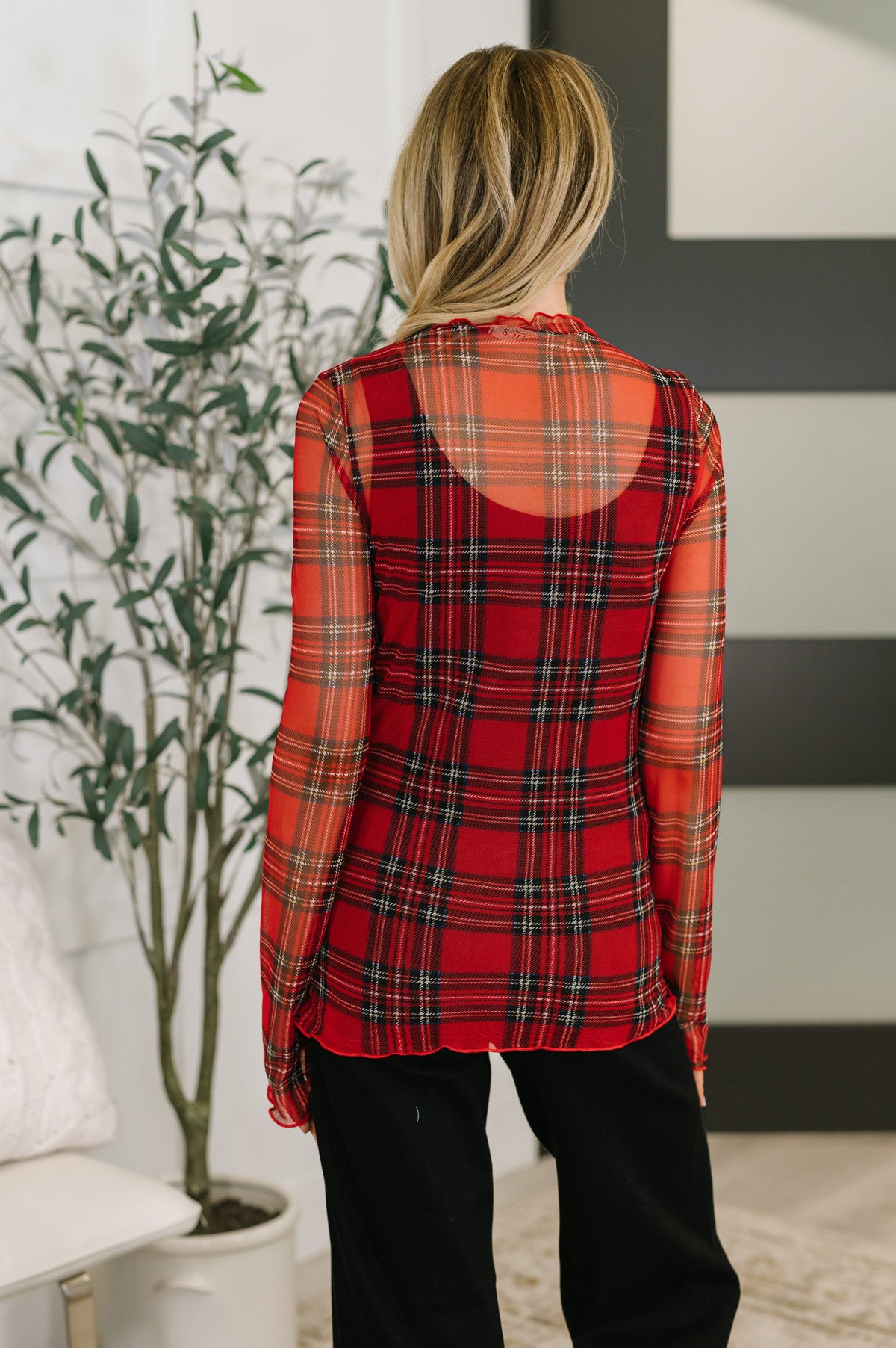 In the Present Plaid Mesh Layering Top in Red