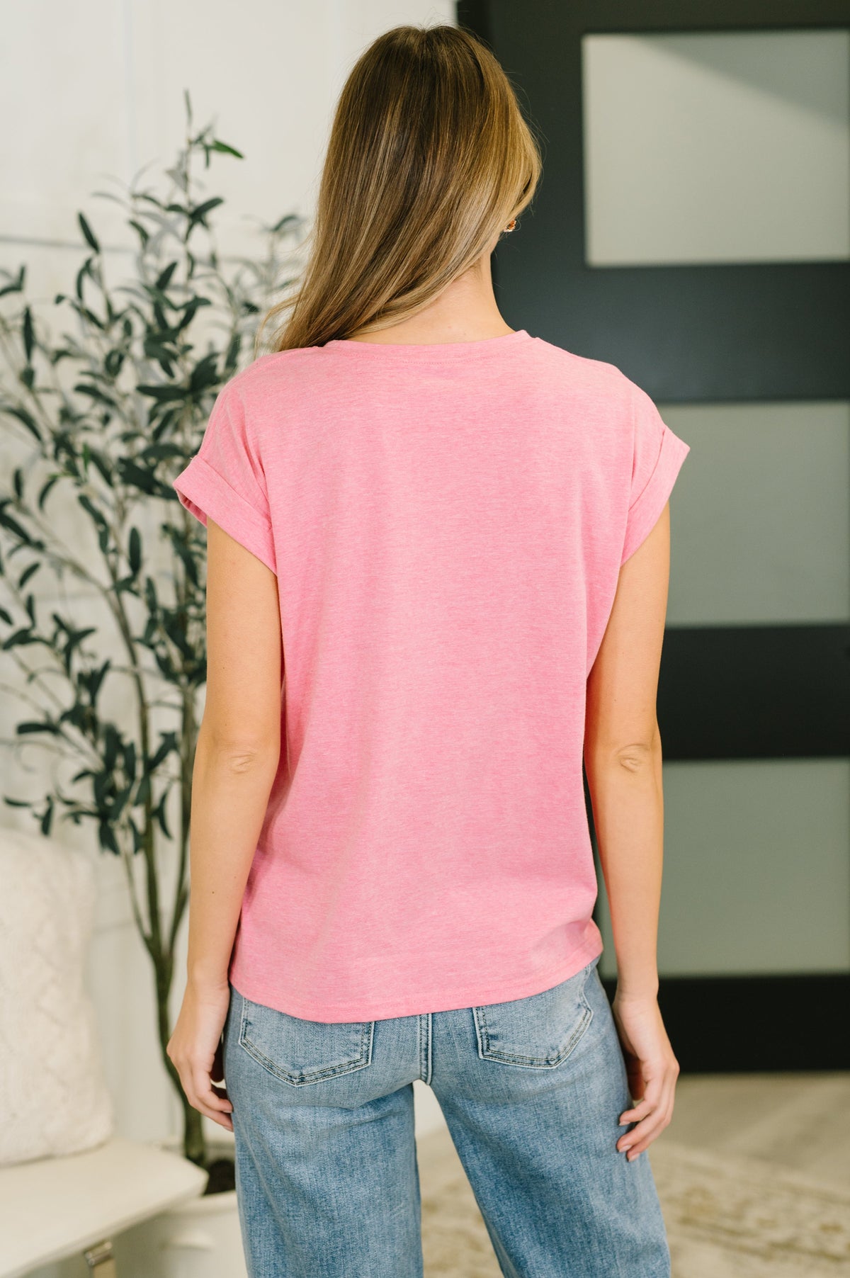 It Starts Here Basic Rolled Sleeve Tee in Fuchsia