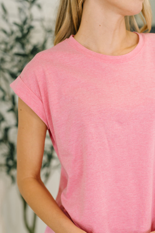 It Starts Here Basic Rolled Sleeve Tee in Fuchsia