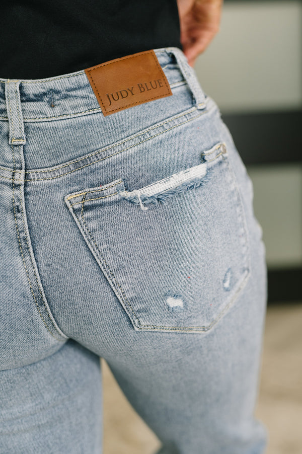 Light blue jeans with a Judy Blue label on the back pocket.