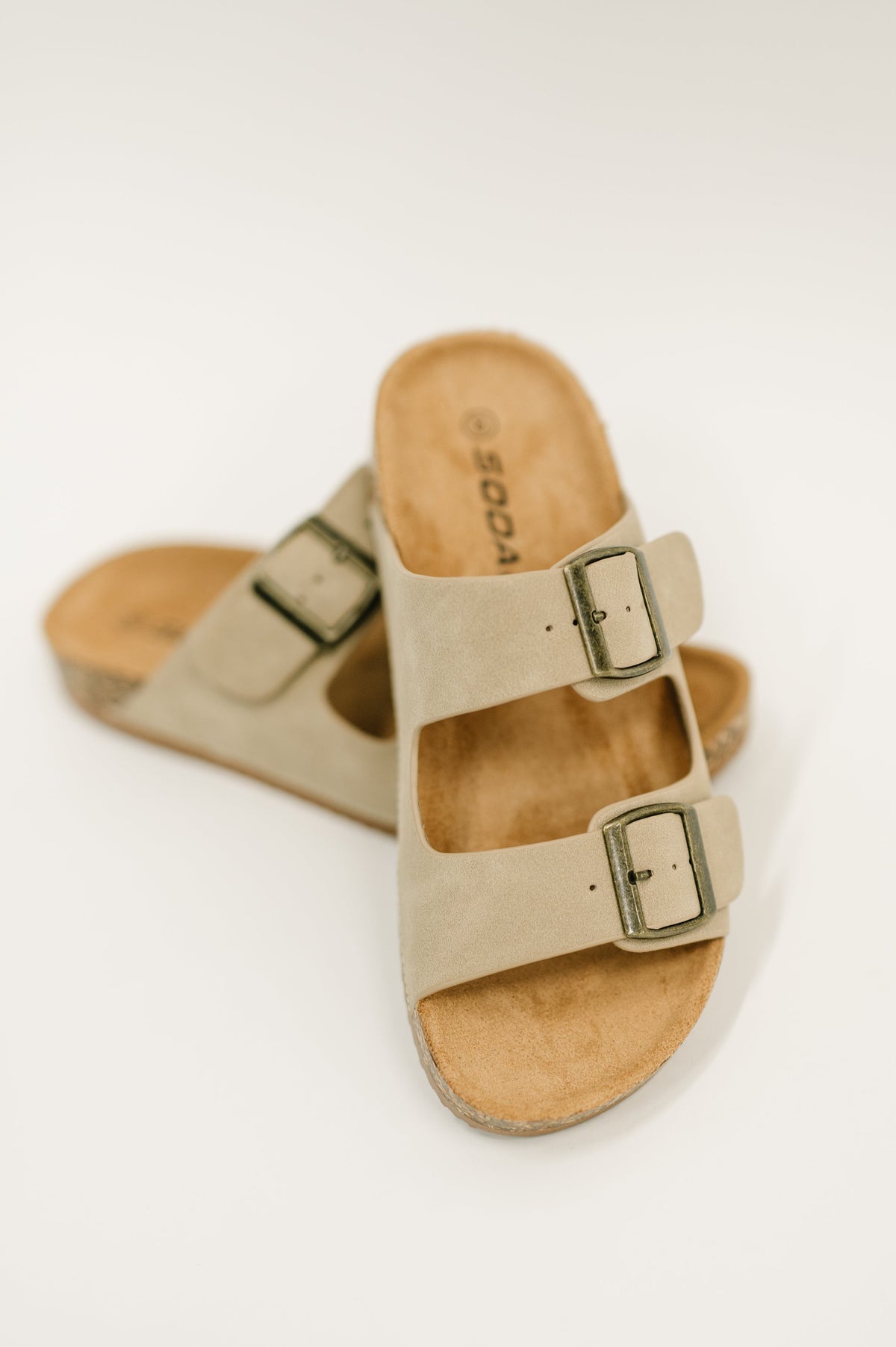 Double Buckle Slides in Light Taupe
