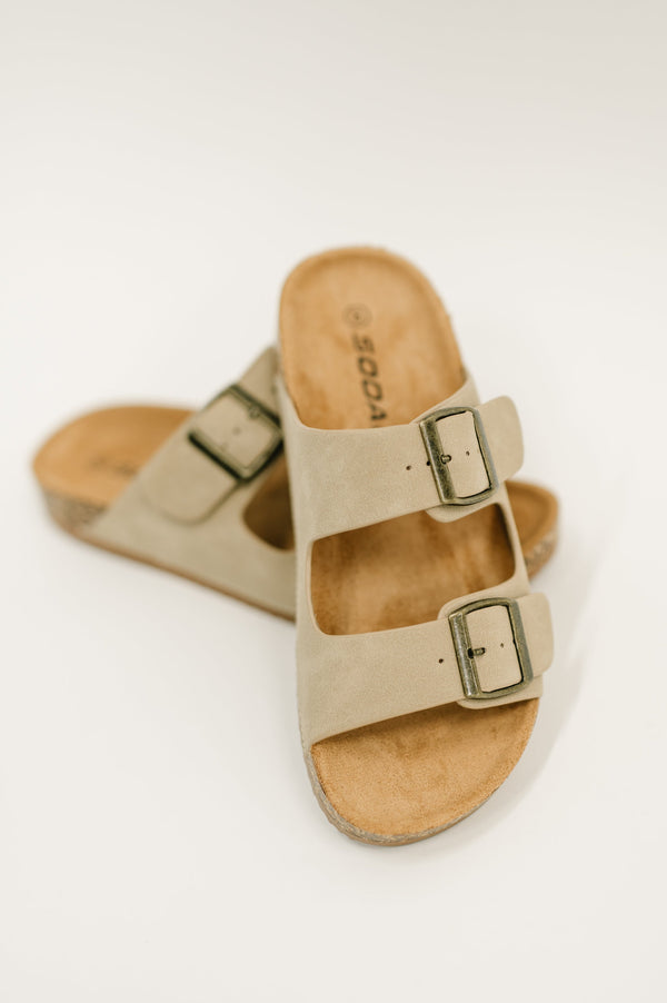 Double Buckle Slides in Light Taupe