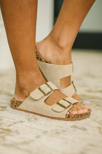 Double Buckle Slides in Light Taupe