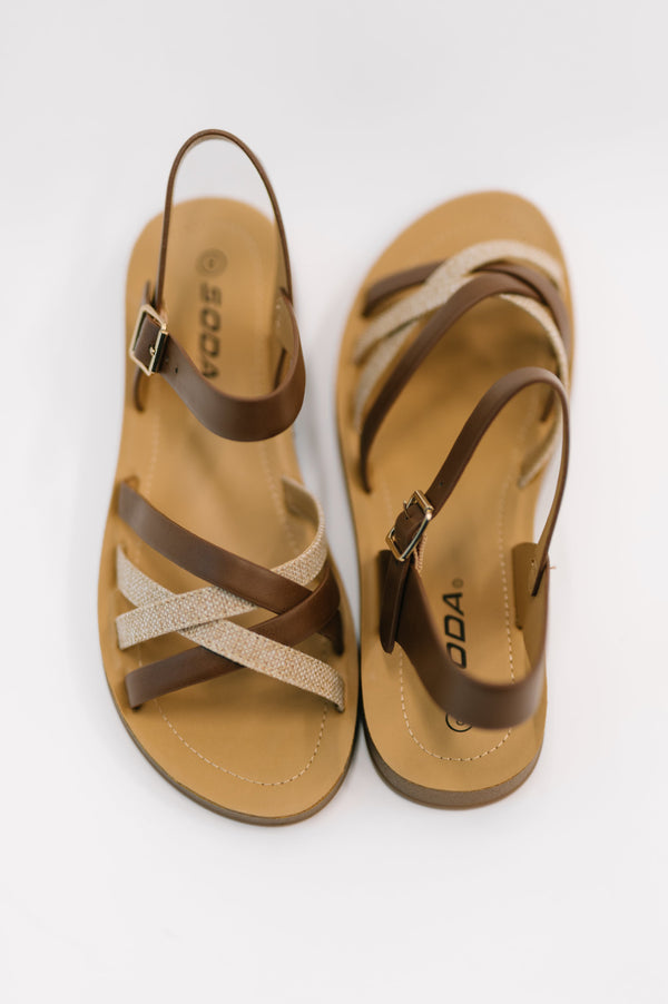 Lev Round Toe Ankle Strap Sandals in Tan