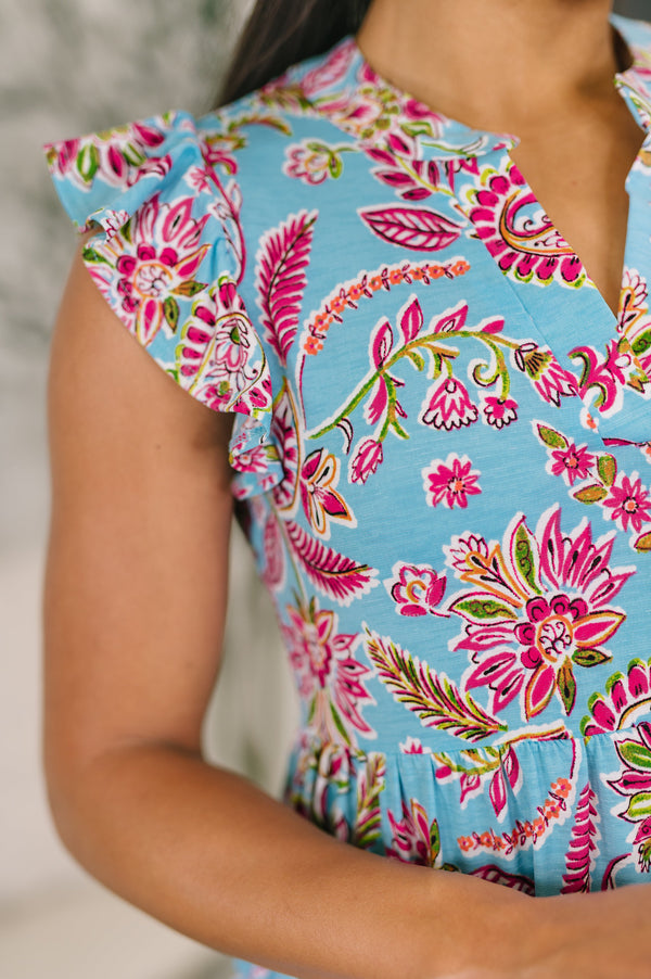Lizzy Forever Flutter Sleeve Dress in Blue and Pink Paisley Floral