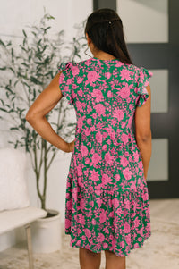 Lizzy Forever Flutter Sleeve Dress in Green and Pink Floral