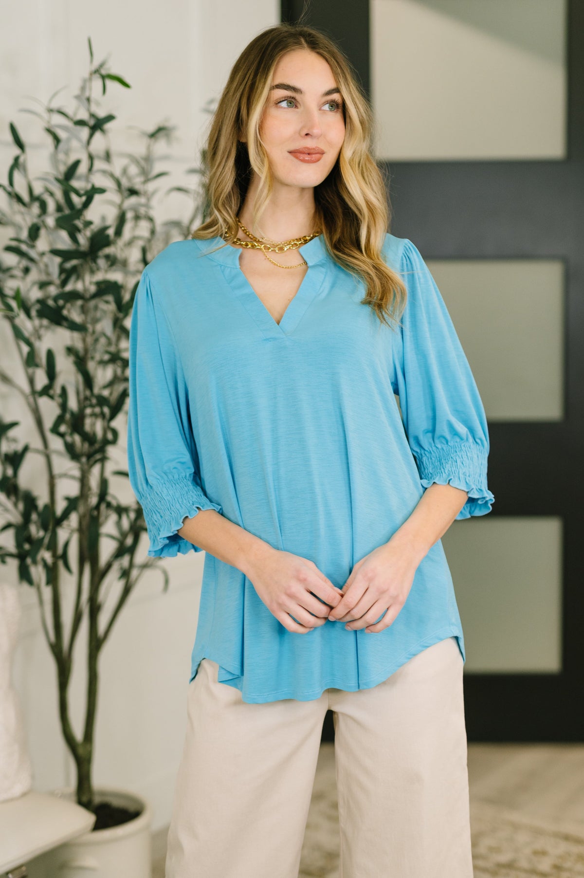 Woman wearing a blue blouse standing indoors with a plant in the background
