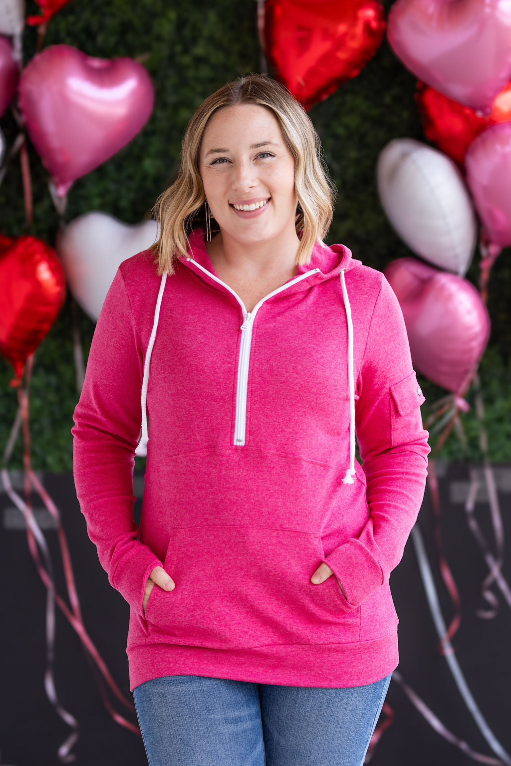 Pixie Pocket Halfzip Hoodie in Hot Pink
