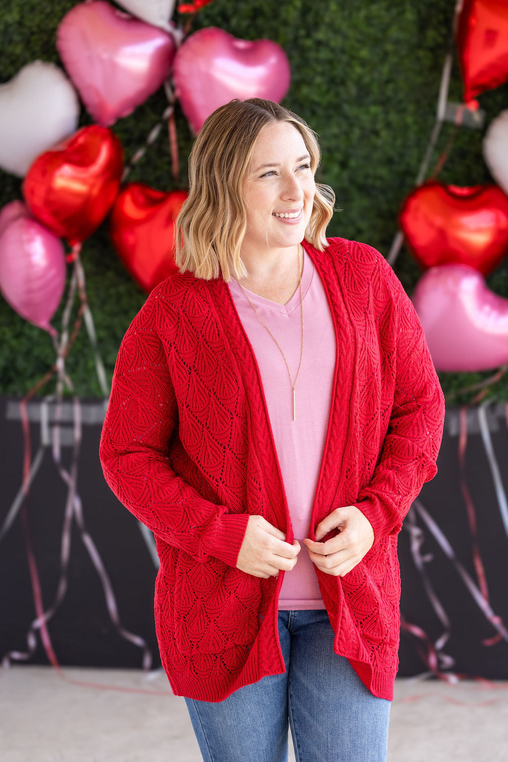 Open Knit Cardigan in Red
