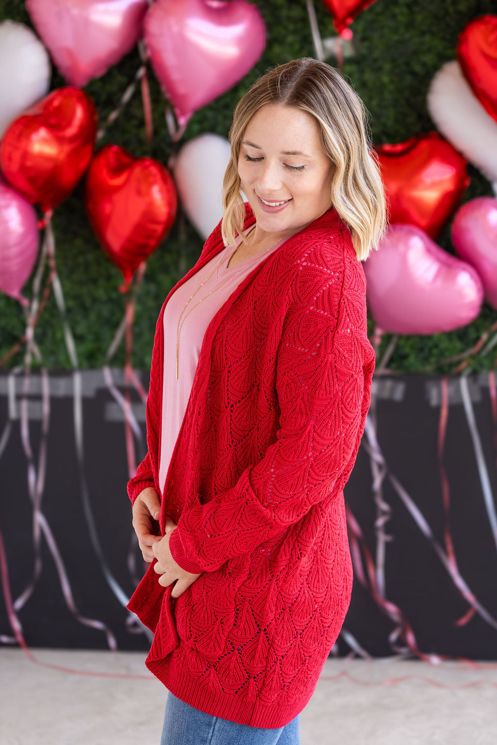 Open Knit Cardigan in Red