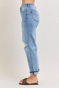 Judy Blue Mid Rise Boyfriend with Distress & Cuff