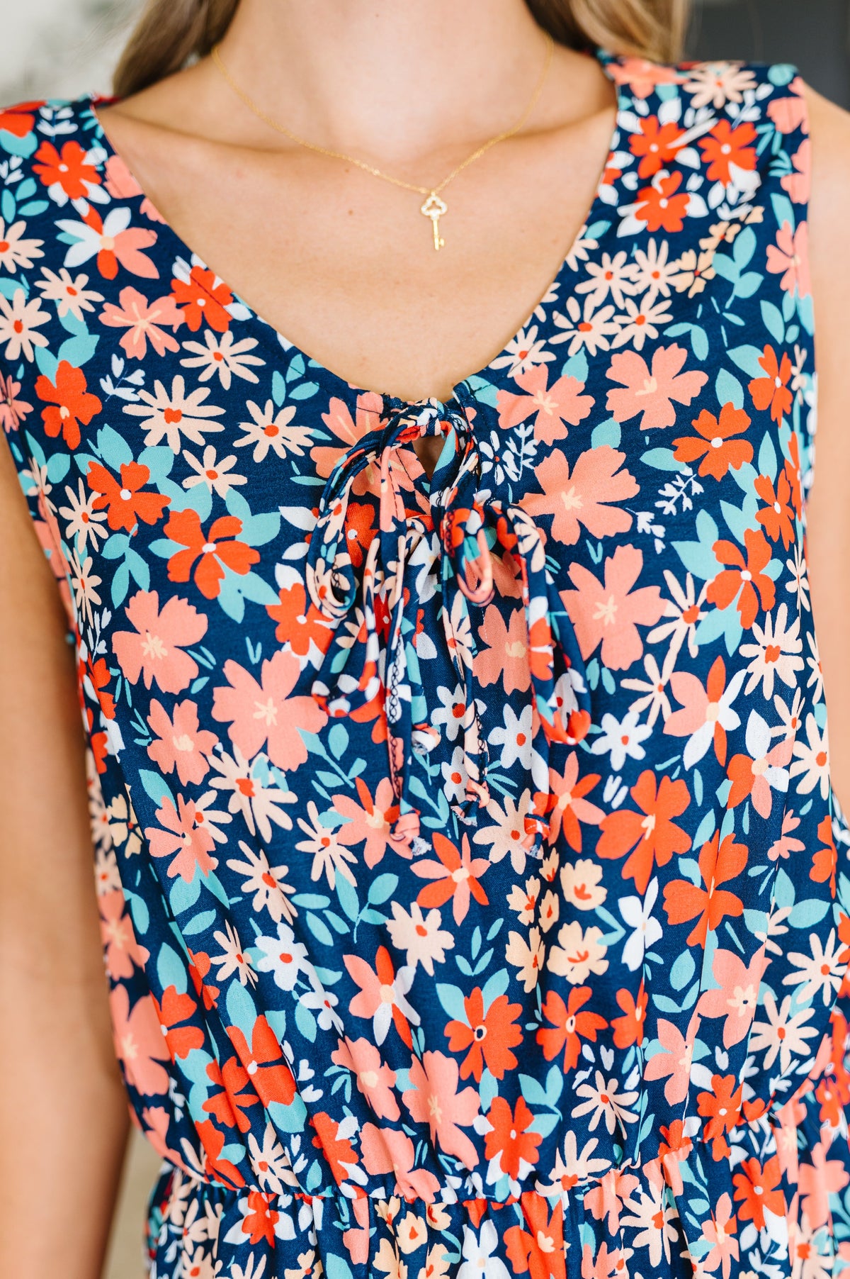 Meadow Mischief Sleeveless Dress in Navy/Orange/Teal
