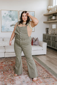 Judy Blue Control Top Release Hem Overalls in Olive