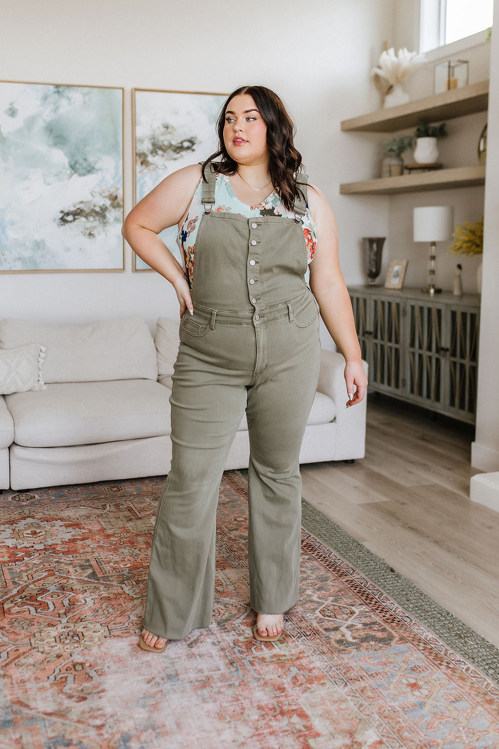 Judy Blue Control Top Release Hem Overalls in Olive