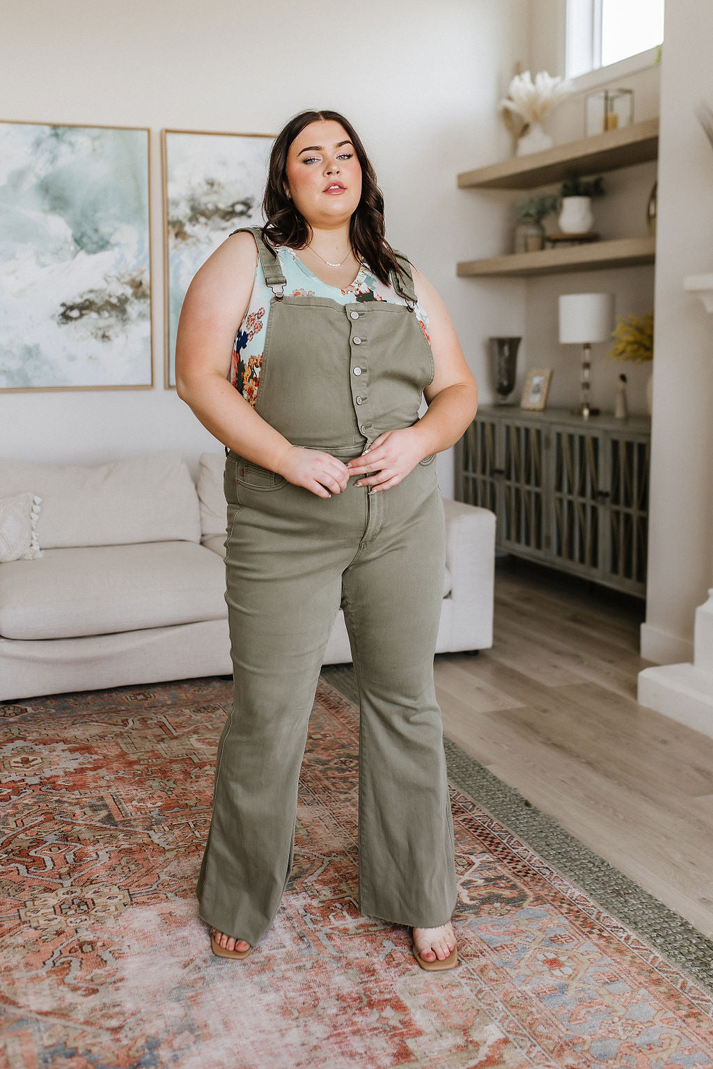 Judy Blue Control Top Release Hem Overalls in Olive