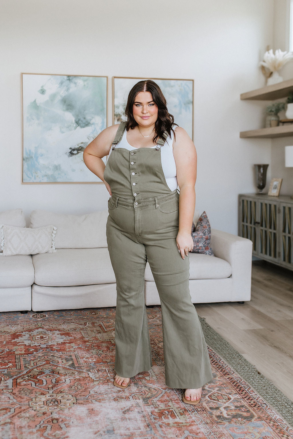 Judy Blue Control Top Release Hem Overalls in Olive