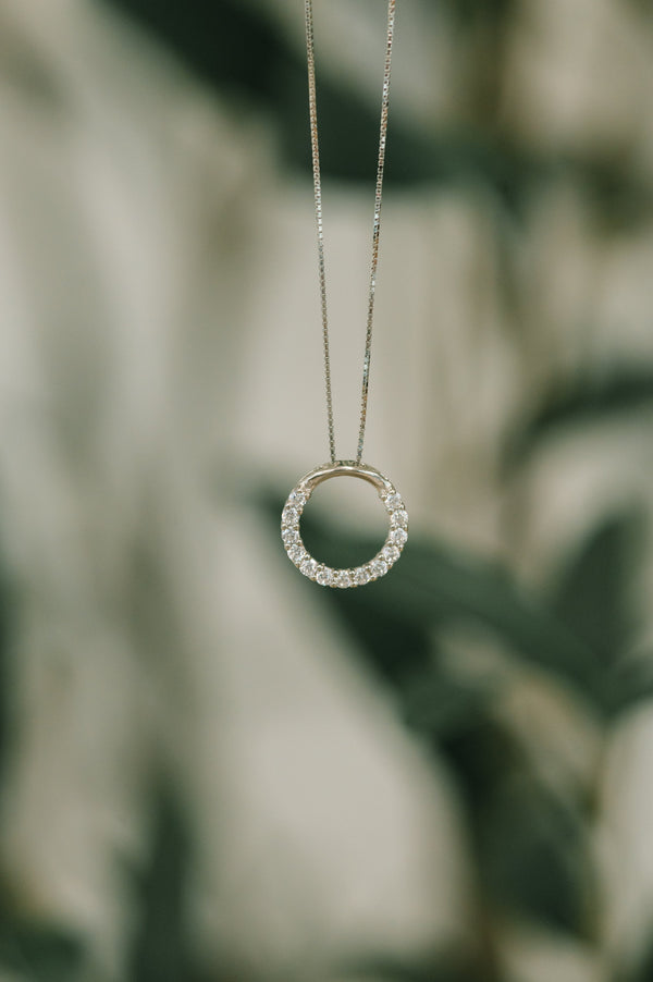 Necklace with a circular pendant against a blurred natural background