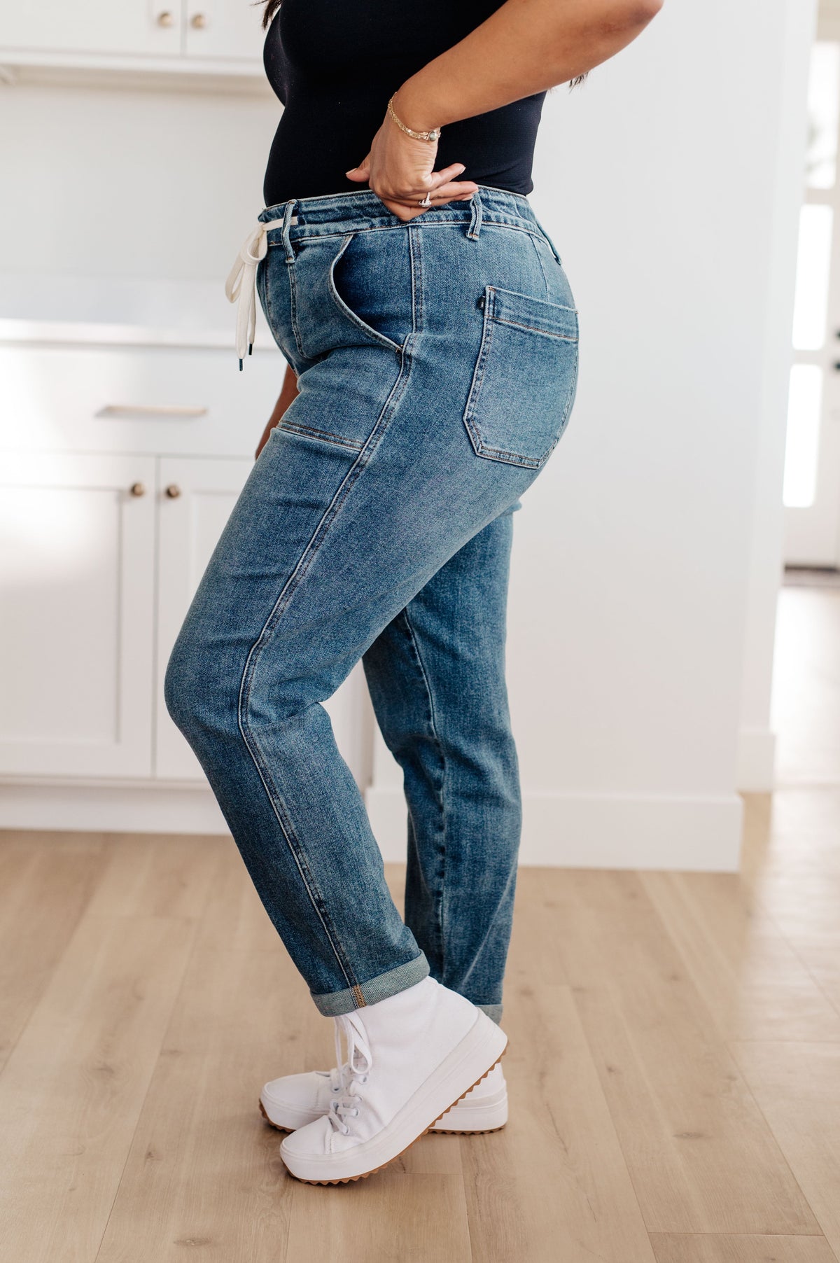 Medium Wash Pull On Denim Joggers by Judy Blue