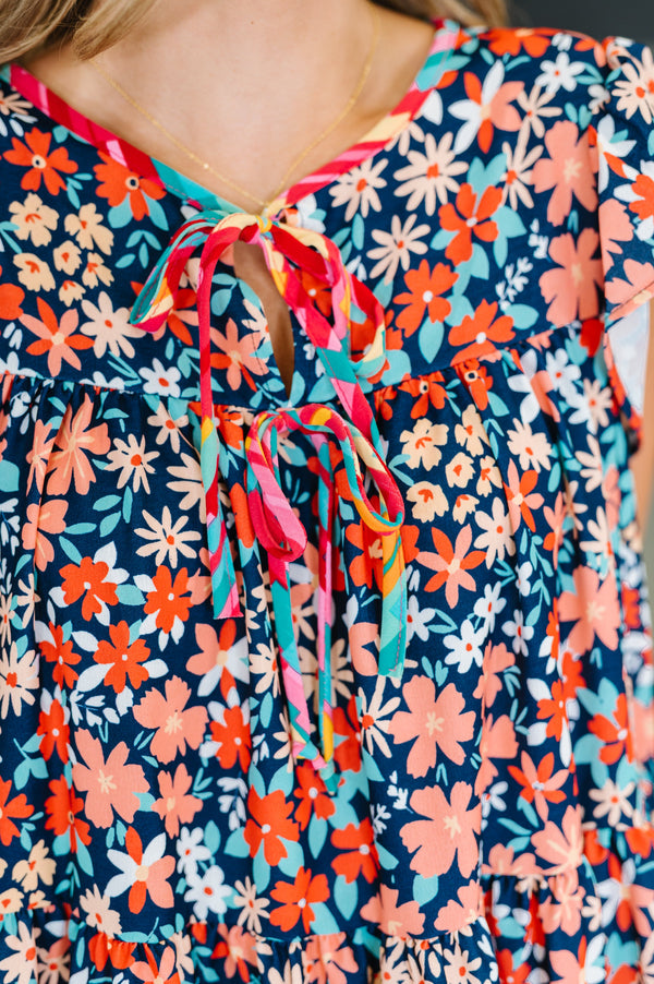 Petal to the Metal Flutter Sleeve Dress in Navy/Coral