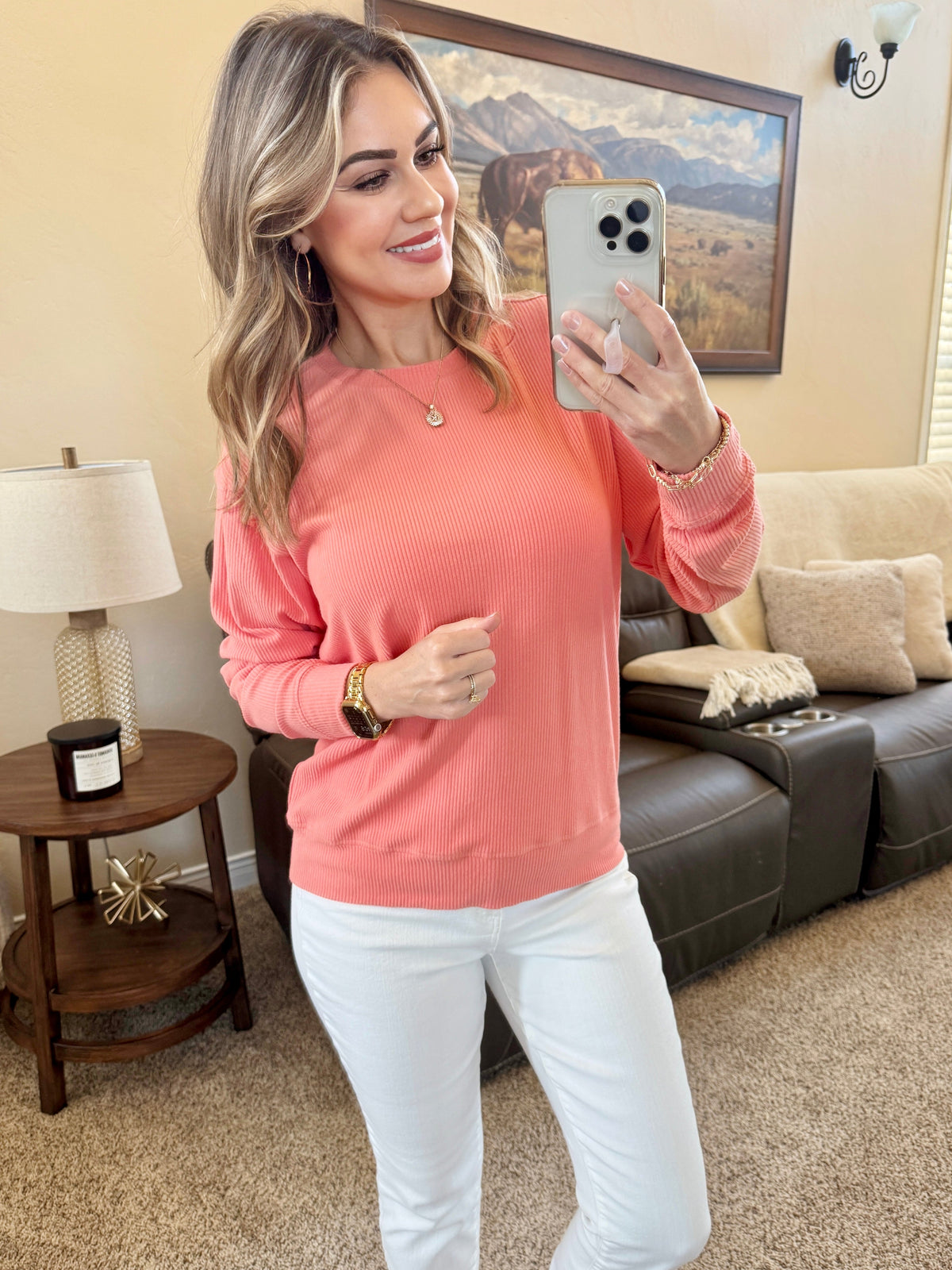 Corrine Ribbed Pullover Top in Coral