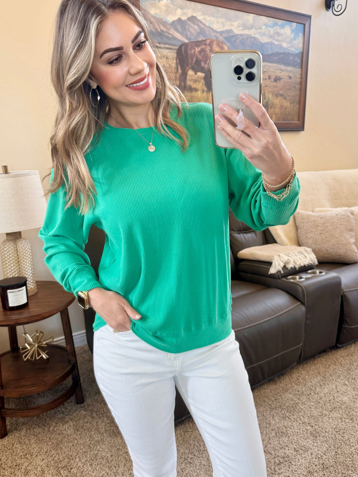Corrine Ribbed Pullover Top in Emerald