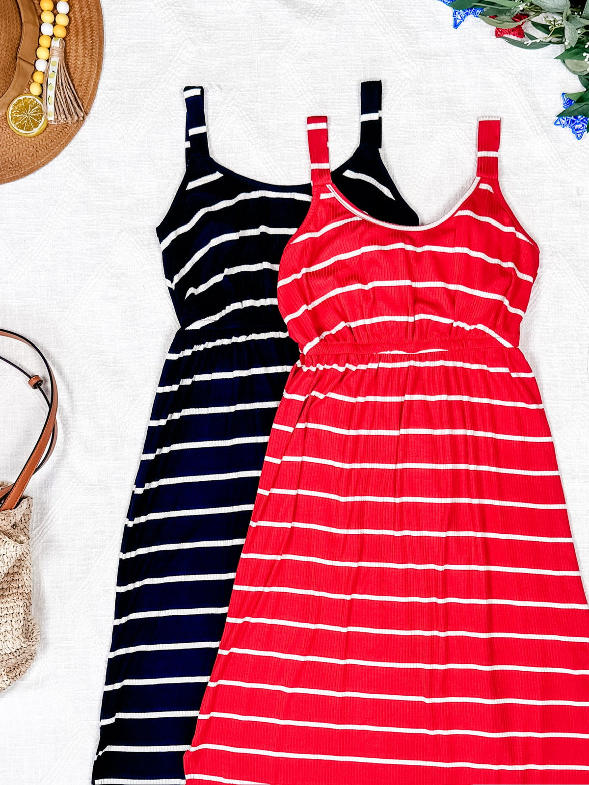 Reagan Ribbed Midi Dress in Red Stripes
