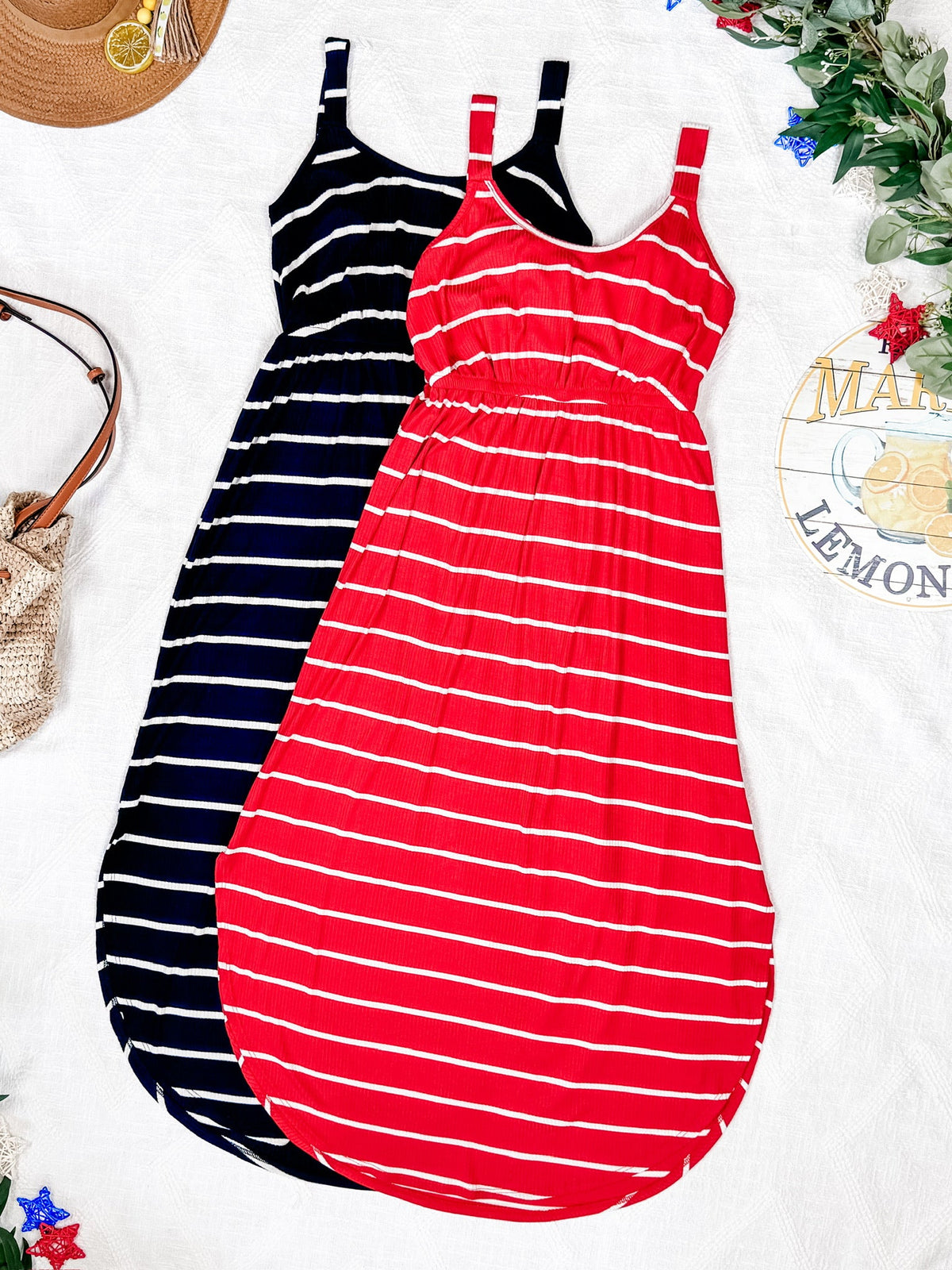 Reagan Ribbed Midi Dress in Red Stripes