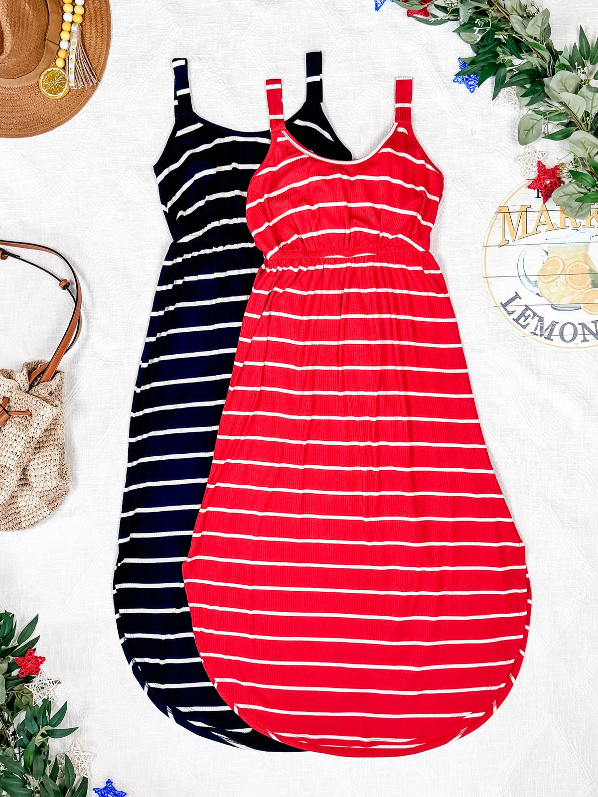 Reagan Ribbed Midi Dress in Red Stripes