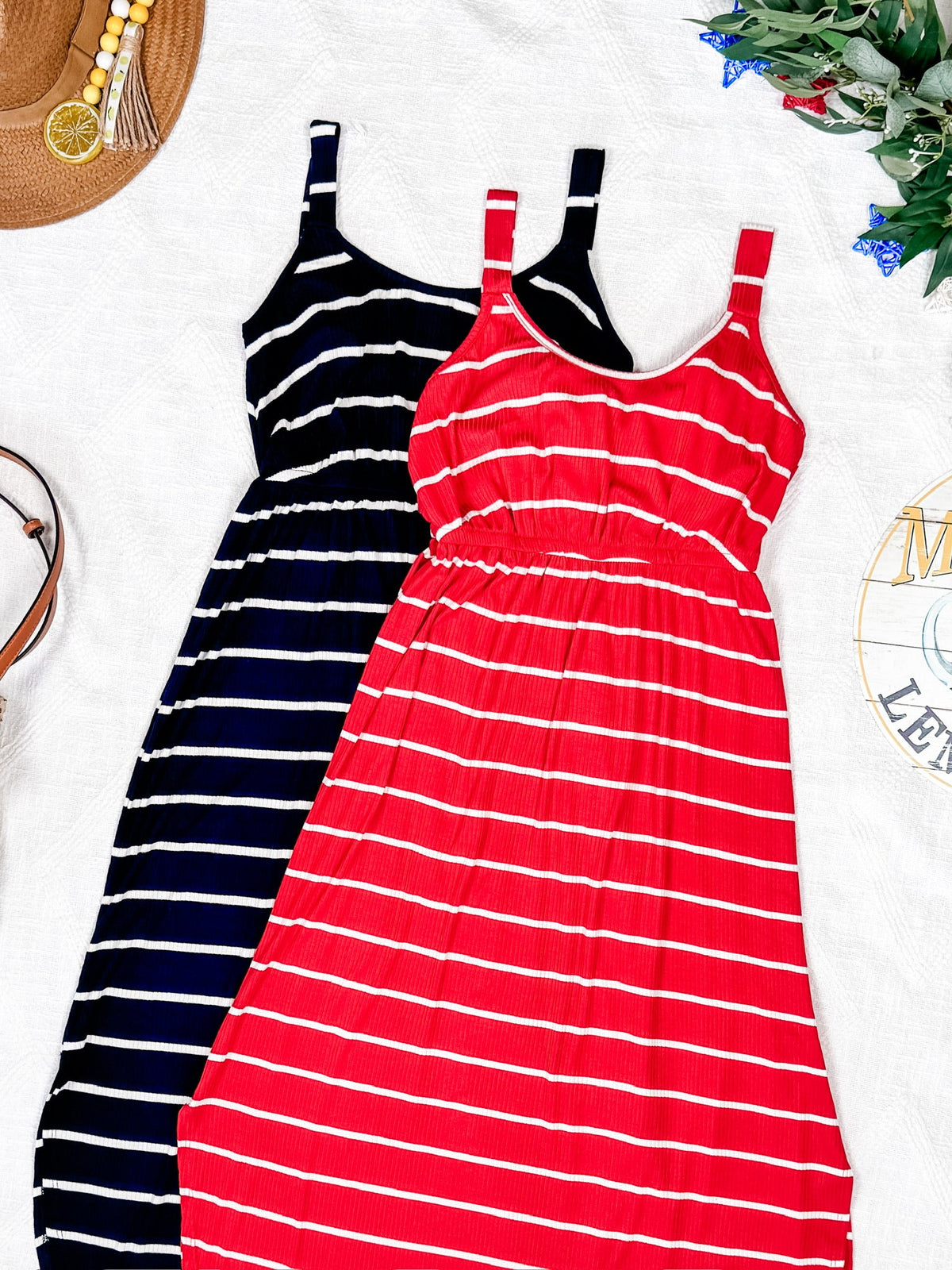 Reagan Ribbed Midi Dress in Red Stripes