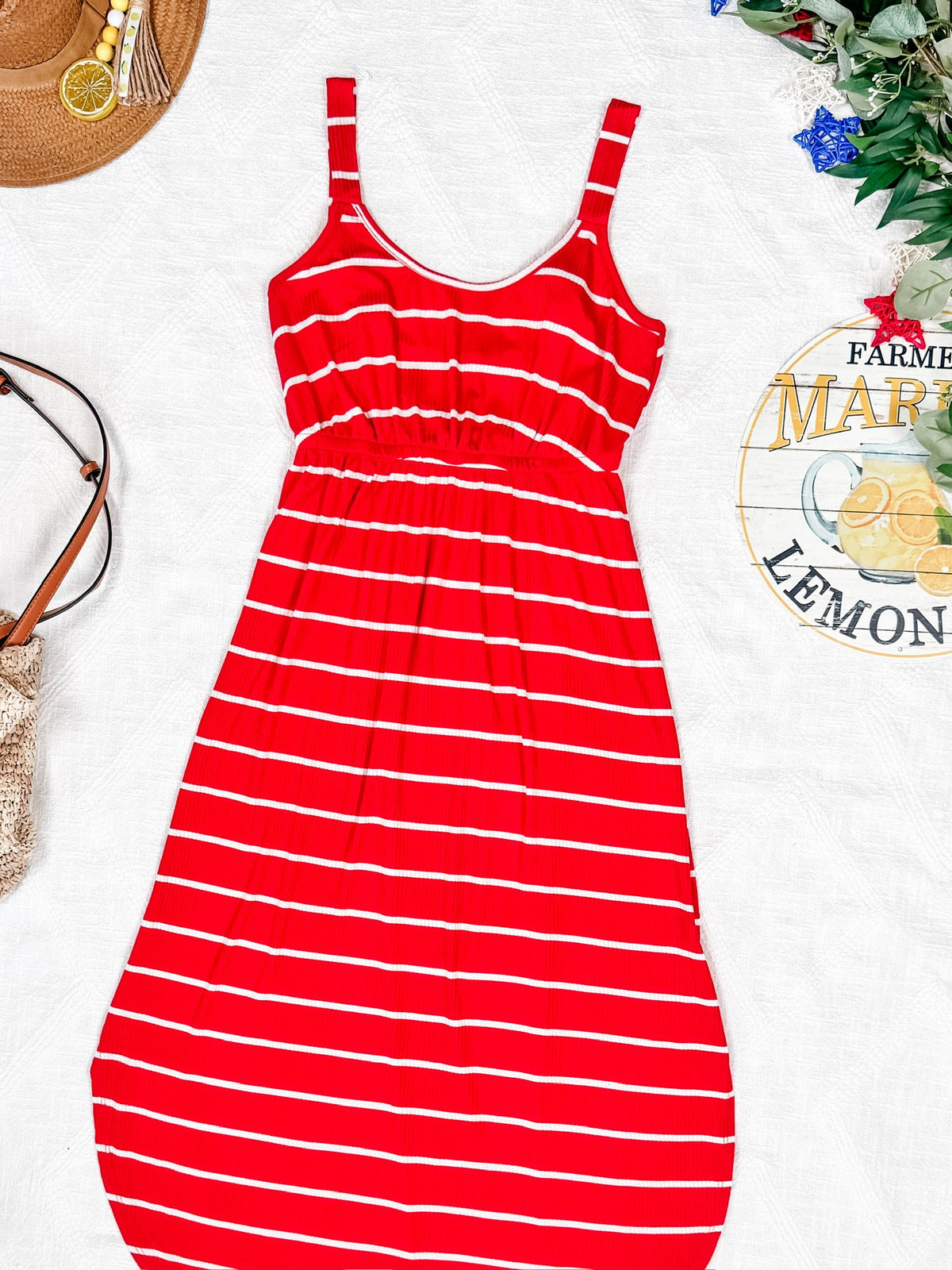 Reagan Ribbed Midi Dress in Red Stripes
