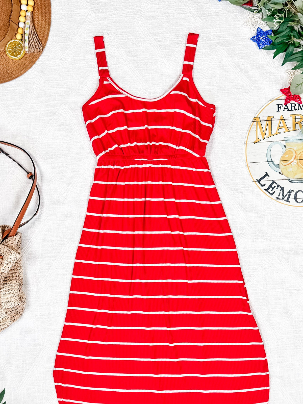 Reagan Ribbed Midi Dress in Red Stripes