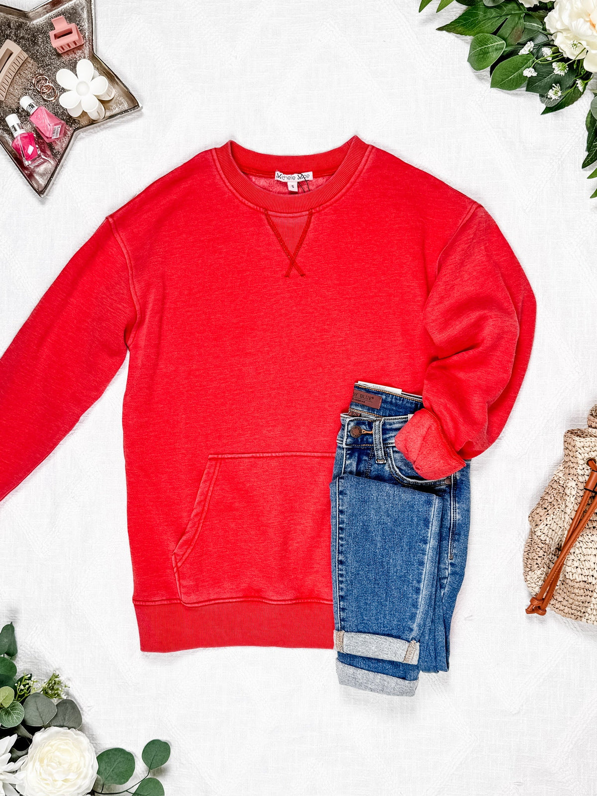 Vintage Wash Pocket Pullover in Red