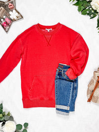 Vintage Wash Pocket Pullover in Red