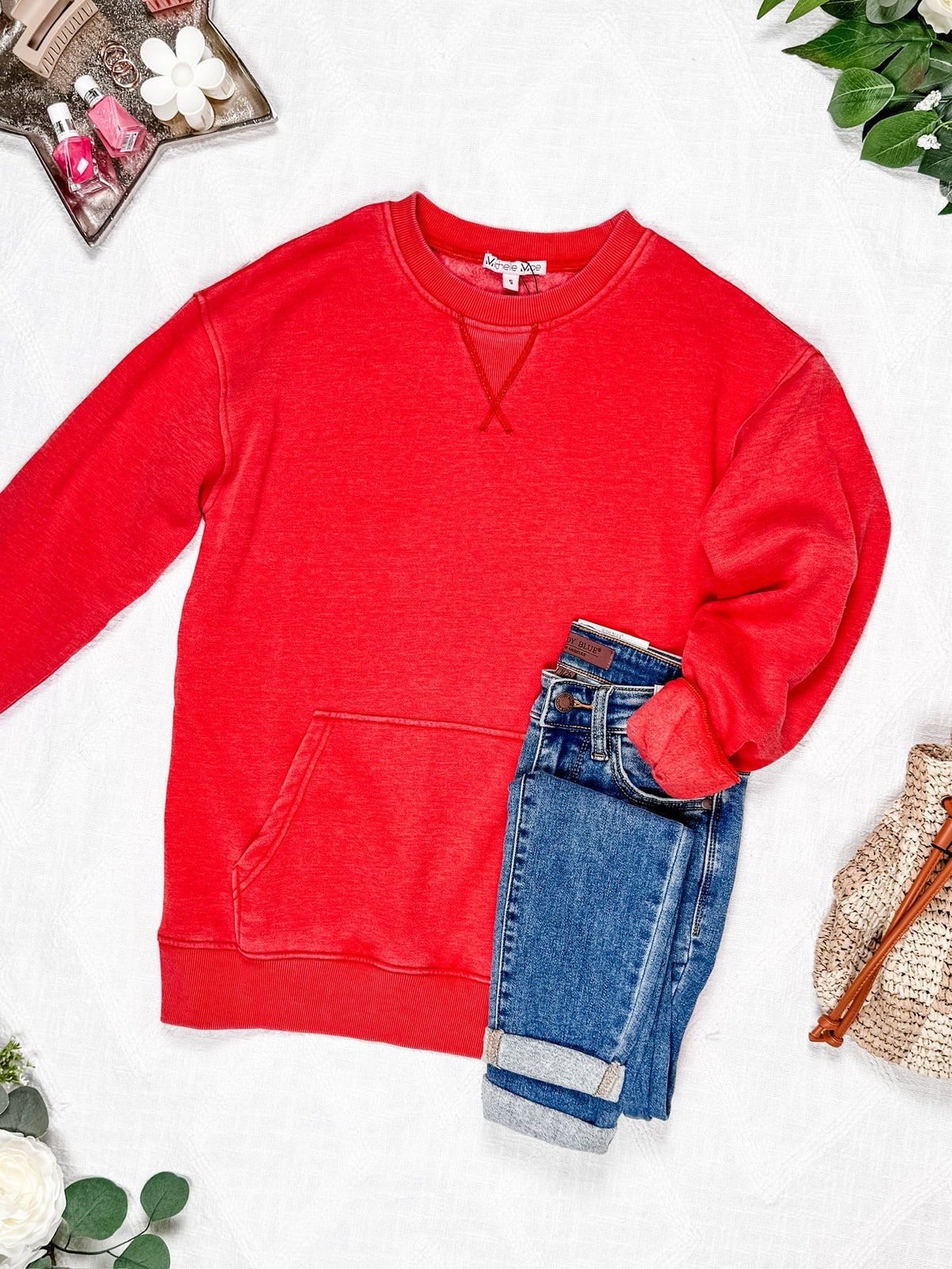 Vintage Wash Pocket Pullover in Red