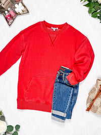 Vintage Wash Pocket Pullover in Red