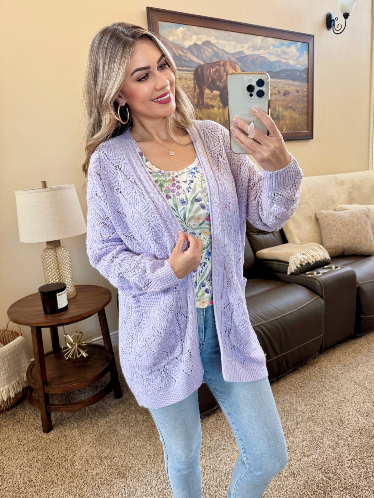 Open Knit Cardigan in Lavender
